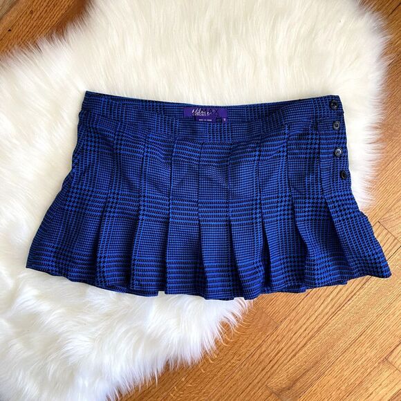 Miley Cyrus Max Azria Size 11 Blue Houndstooth Short Pleated Mini Skirt Buttons - Picture 3 of 8